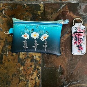 Teal Ombre Daisy Zipper Bag - Faith Hope Love and a Lip Balm Holder with a Cross